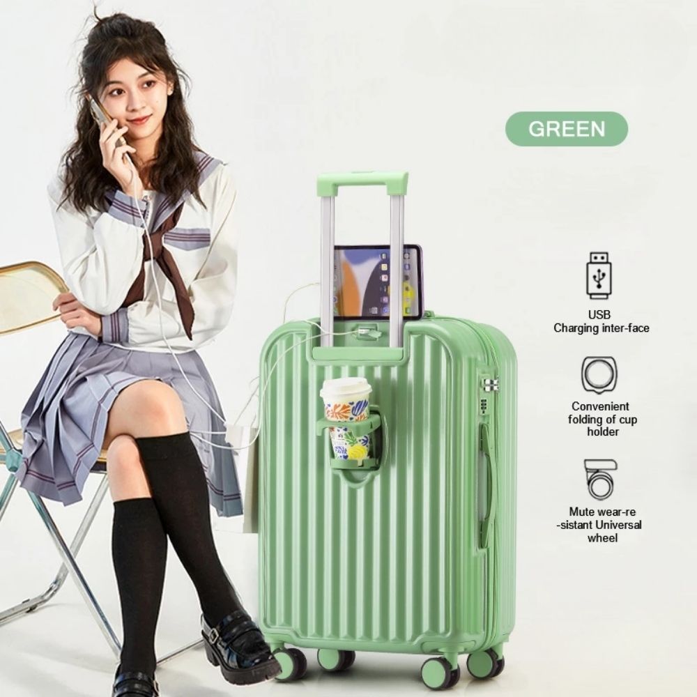 Product-GOL-46.jpg Travel bags with Cup Holder & USB Charger Luggage 28Inch - Green - Image 1